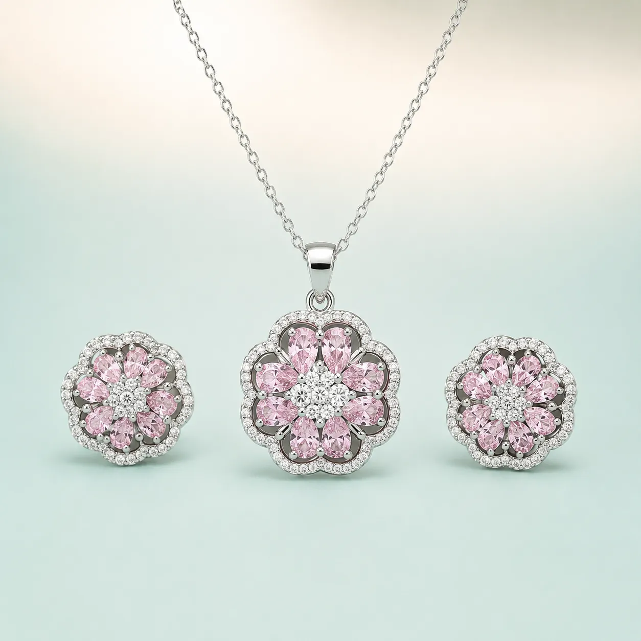 Pink Blossom CZ Pendant Set — bright silver, pink marquise petals on seaglass background