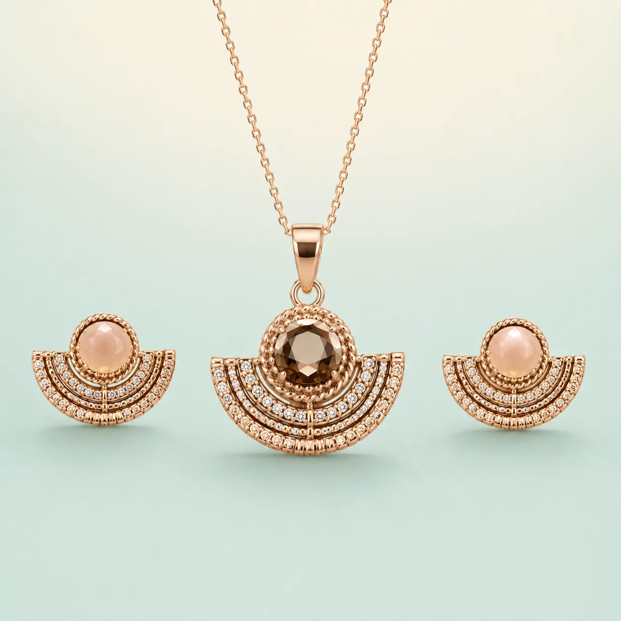 Rose-Gold Art-Deco Fan Set — warm gold-polished silver, champagne cabochon & smoky topaz on seaglass background