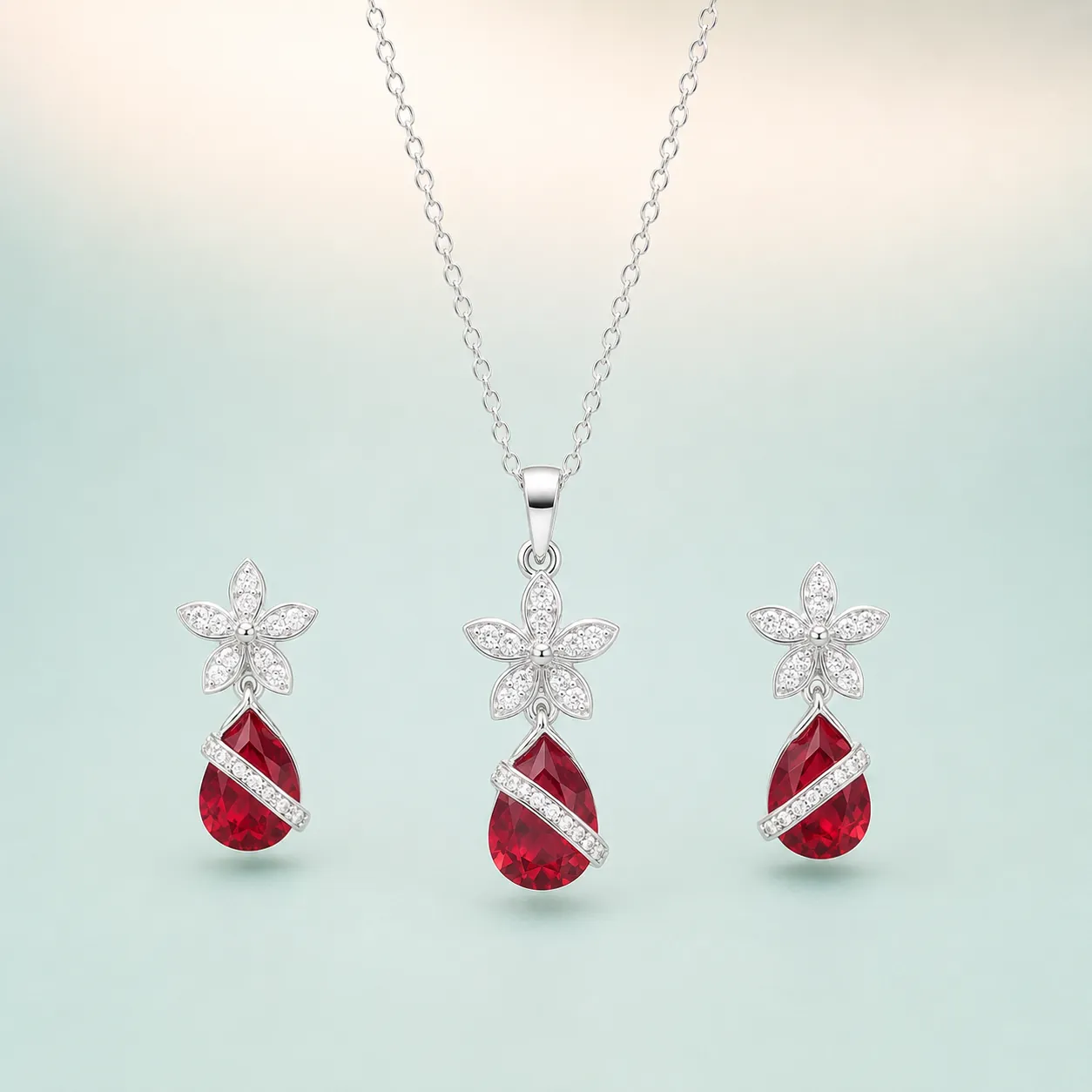 Red Pear-Drop Floral Set — bright silver, faceted red gemstone drops on seaglass background
